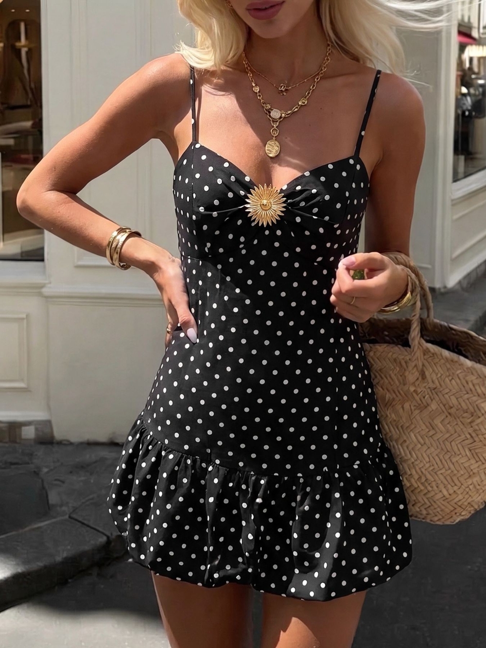Black Polka Dot Spaghetti-Strap Ruffle Mini Dress